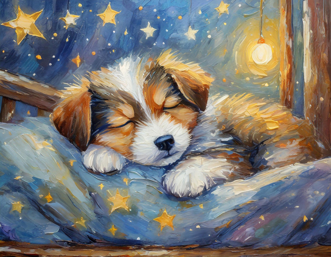Sleepy Puppy Under Starry Night Sky Sweet Nursery Wall Art Poster