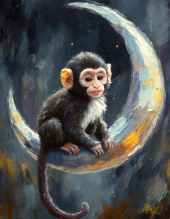 Baby Monkey On Crescent Moon Night Sky Sweet Nursery Wall Art Poster