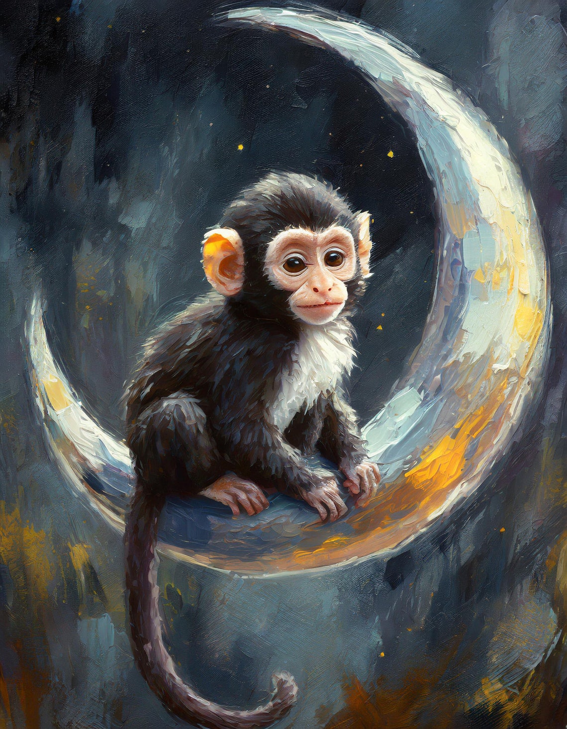 Baby Monkey On Crescent Moon Night Sky Sweet Nursery Wall Art Poster