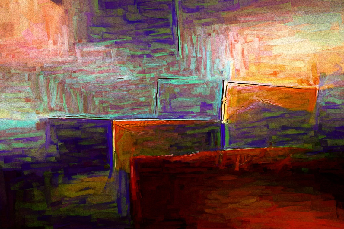 Contemporary Abstract Teal Purple Orange Color Wash Wall Art