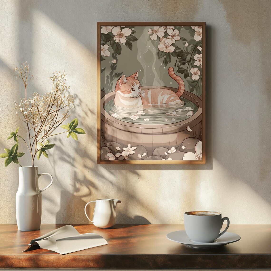 Cream Cat Soaking In Wooden Onsen With Cherry Blossom Poster - Image 7