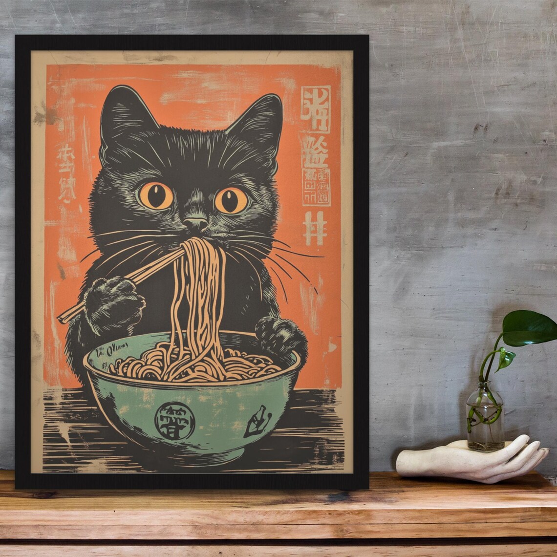Black Cat Slurping Ramen Noodles Japanese Retro Style Poster - Image 3