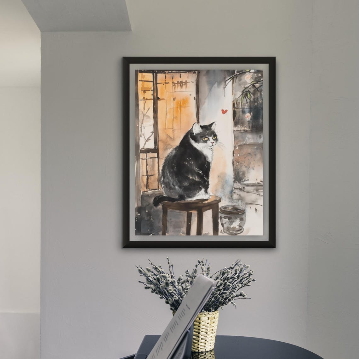 Tuxedo Cat On Stool By Glowing Shoji Window Red Heart Poster - Image 4