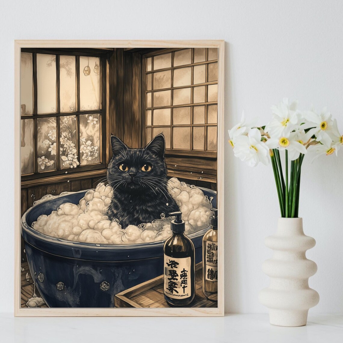 Black Cat In Bubble Bath With Blue Tub And Soap Bottles Poster - Image 8