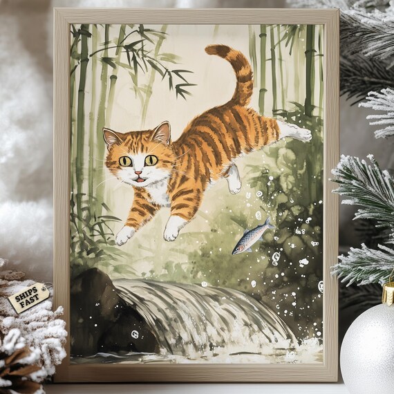 Orange Tabby Cat Leaping Over A Stream In Bamboo Forest Poster