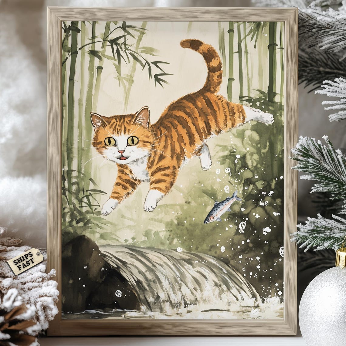 Orange Tabby Cat Leaping Over A Stream In Bamboo Forest Poster