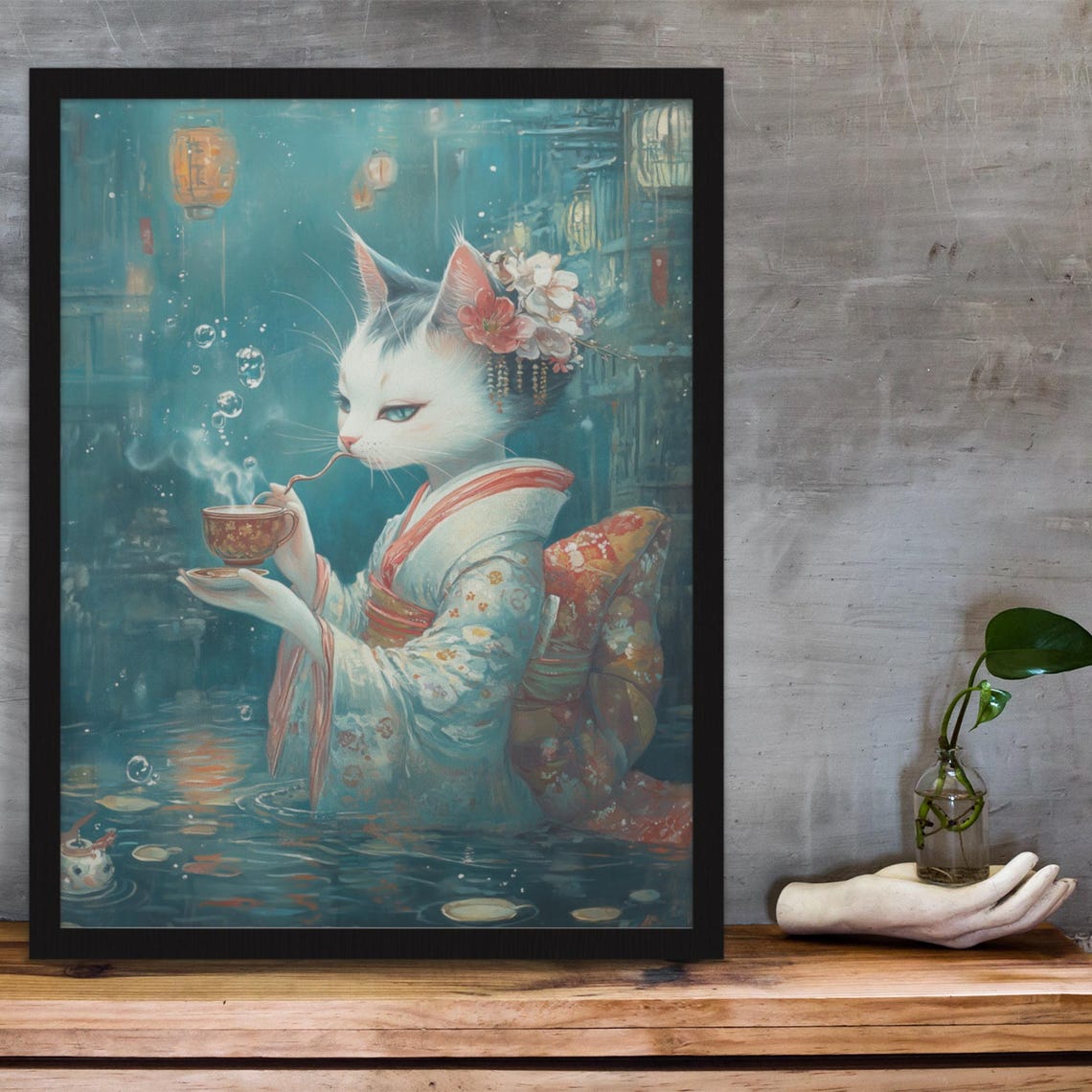 Elegant White Cat In Kimono Drinking Tea In Underwater Scene Poster - Image 3