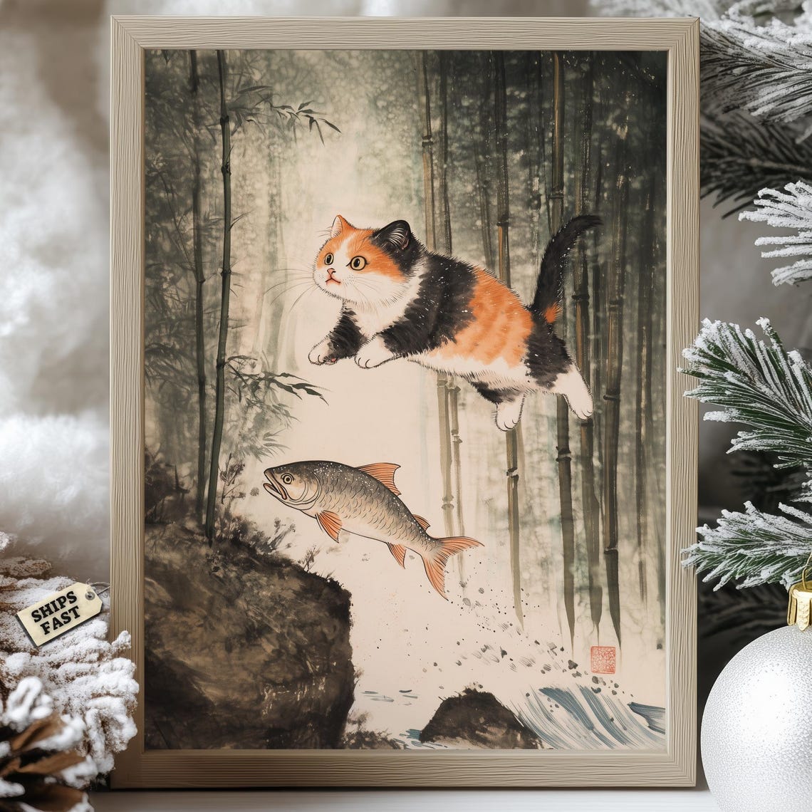 Calico Cat Leaping For A Fish In A Misty Bamboo Forest Ink Poster