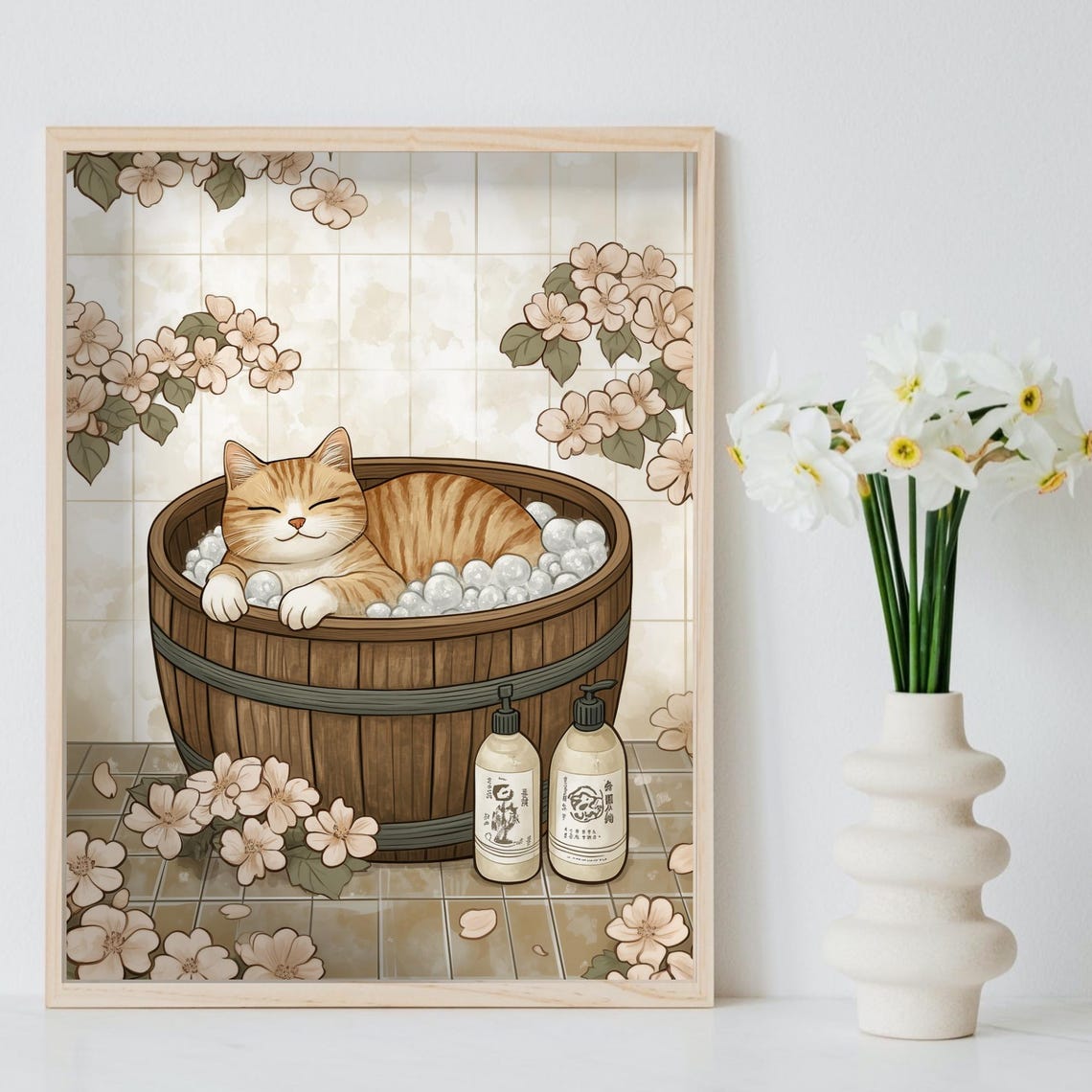 Orange Tabby Cat Relaxing In Wooden Tub Cherry Blossom Poster - Image 8