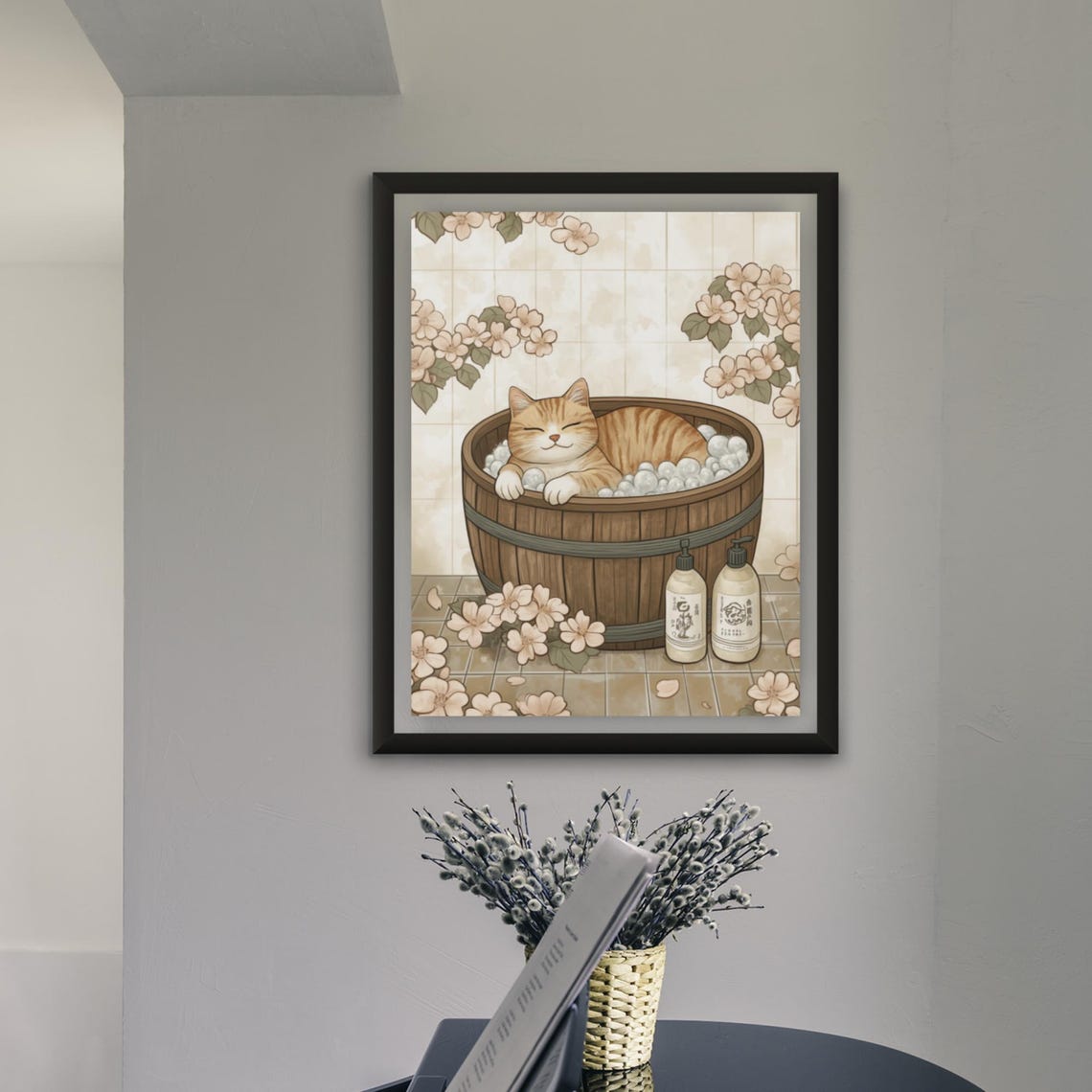 Orange Tabby Cat Relaxing In Wooden Tub Cherry Blossom Poster - Image 4