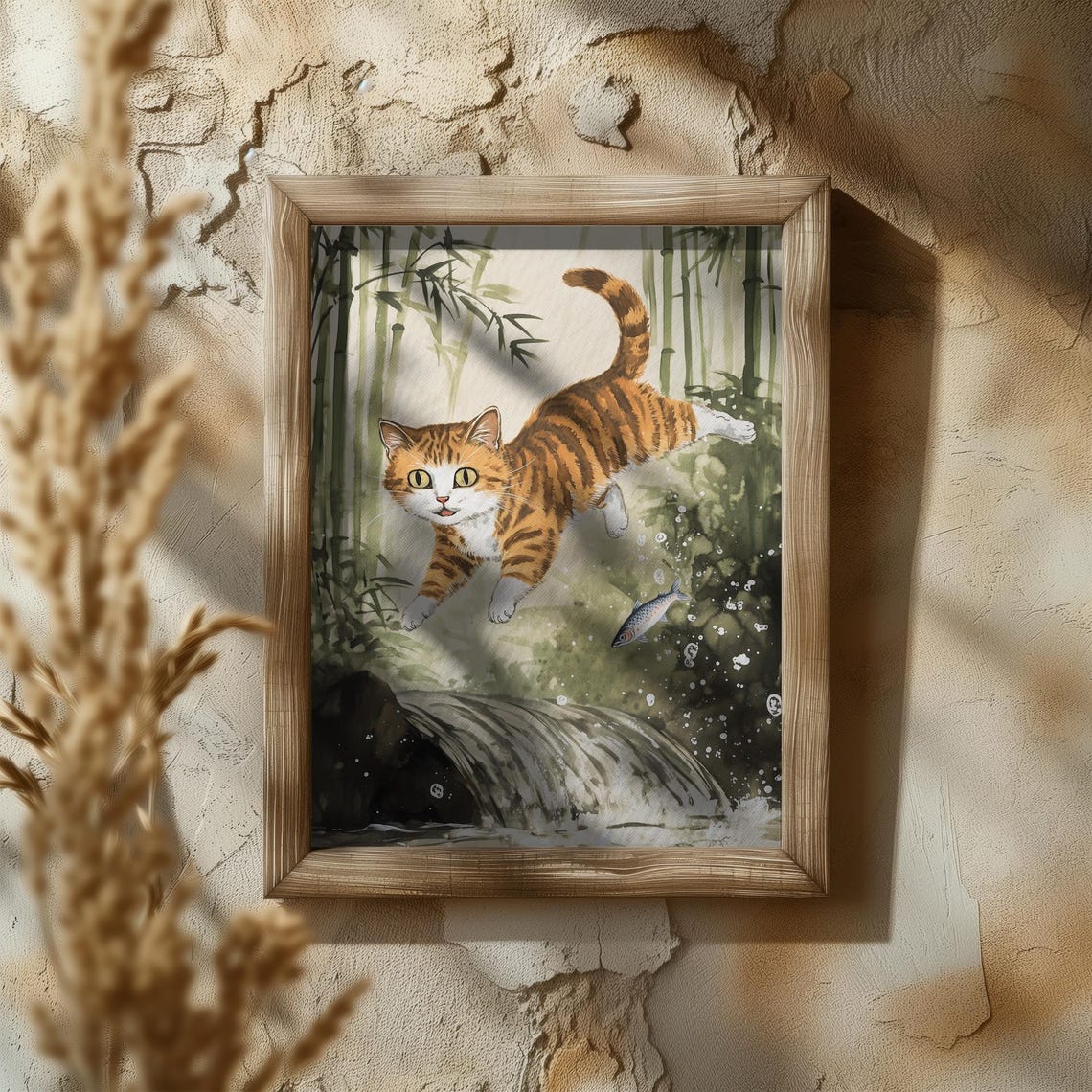 Orange Tabby Cat Leaping Over A Stream In Bamboo Forest Poster - Image 5
