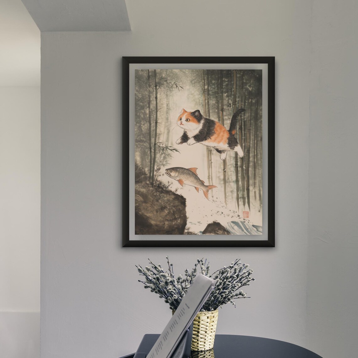 Calico Cat Leaping For A Fish In A Misty Bamboo Forest Ink Poster - Image 2