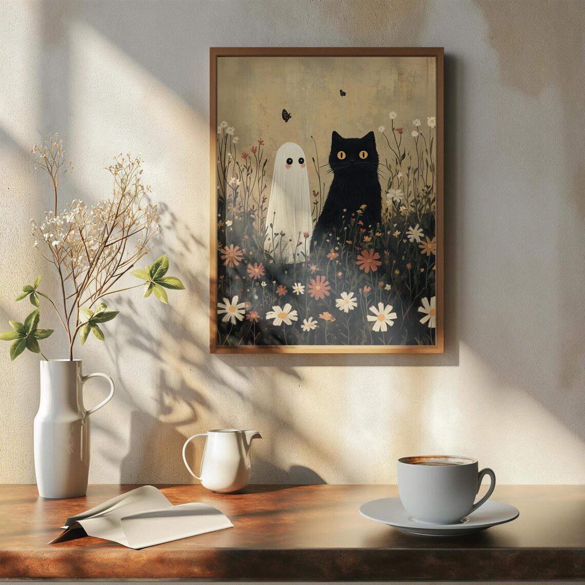 Black Cat And Cute Ghost In Wildflower Meadow Vintage Poster - Image 7