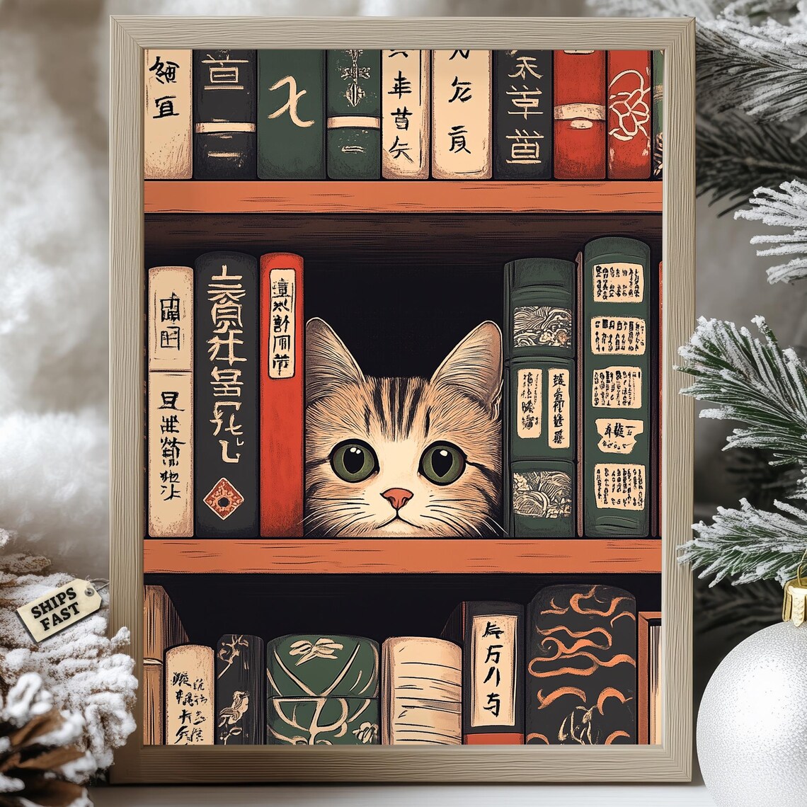 Cute Kitten Peeking From Japanese Bookshelf Vintage Art Poster