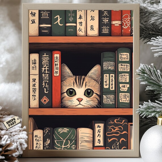 Cute Kitten Peeking From Japanese Bookshelf Vintage Art Poster