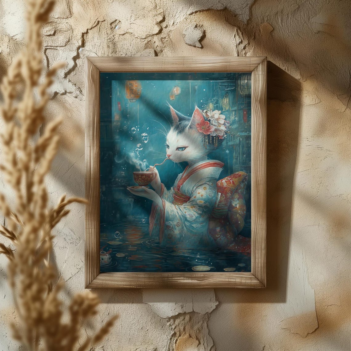 Elegant White Cat In Kimono Drinking Tea In Underwater Scene Poster - Image 5