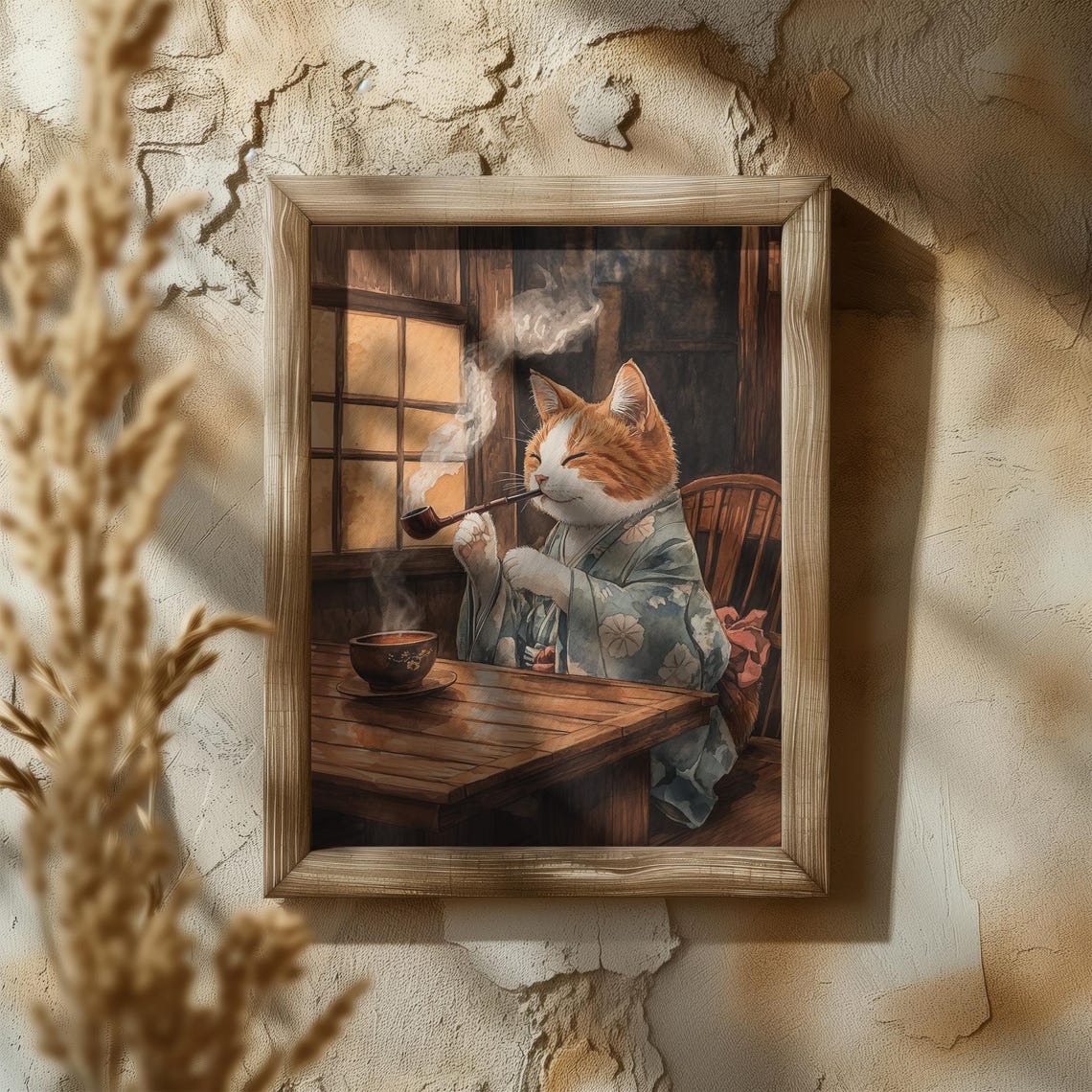 Orange Cat Smoking A Pipe In Floral Kimono At Tearoom Poster - Image 5