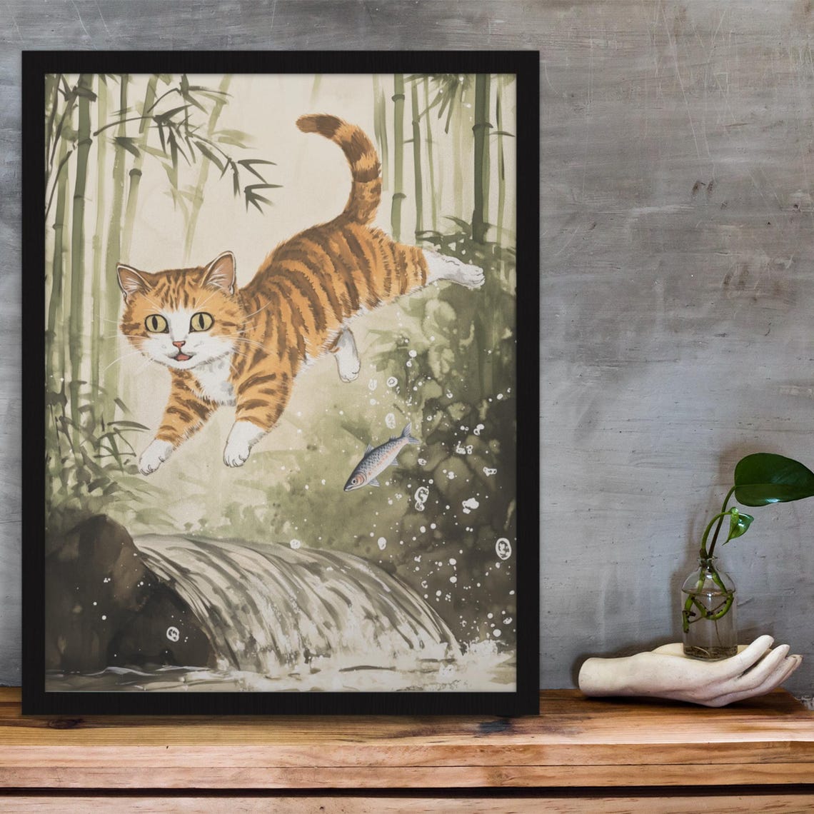 Orange Tabby Cat Leaping Over A Stream In Bamboo Forest Poster - Image 3