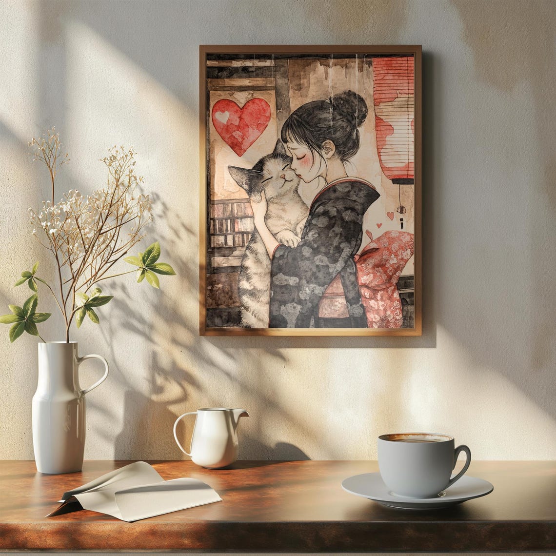 Woman In Kimono Tenderly Kissing A Tabby Cat Red Hearts Poster - Image 7