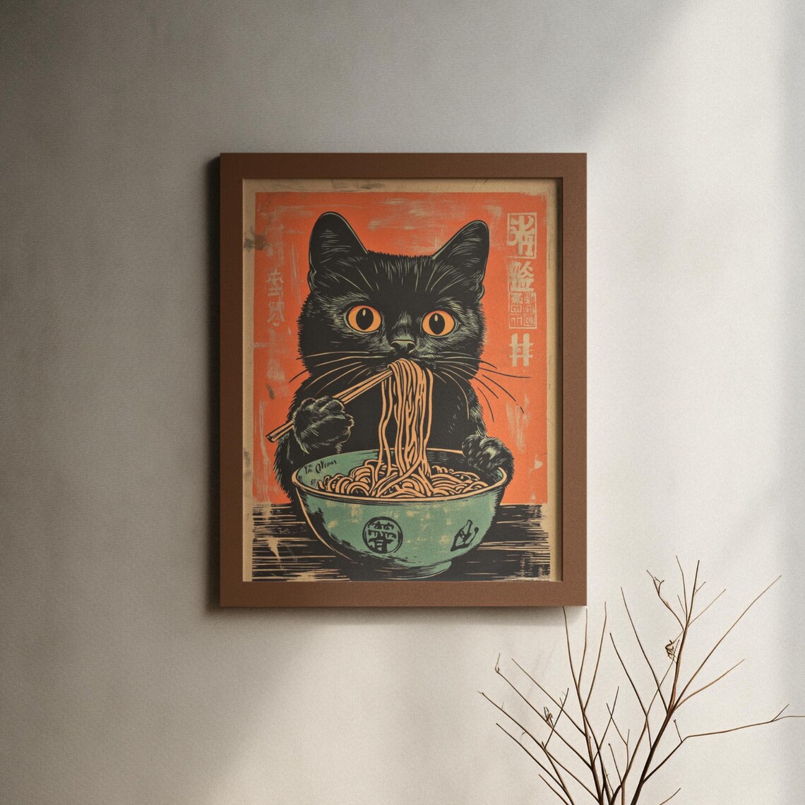 Black Cat Slurping Ramen Noodles Japanese Retro Style Poster - Image 6