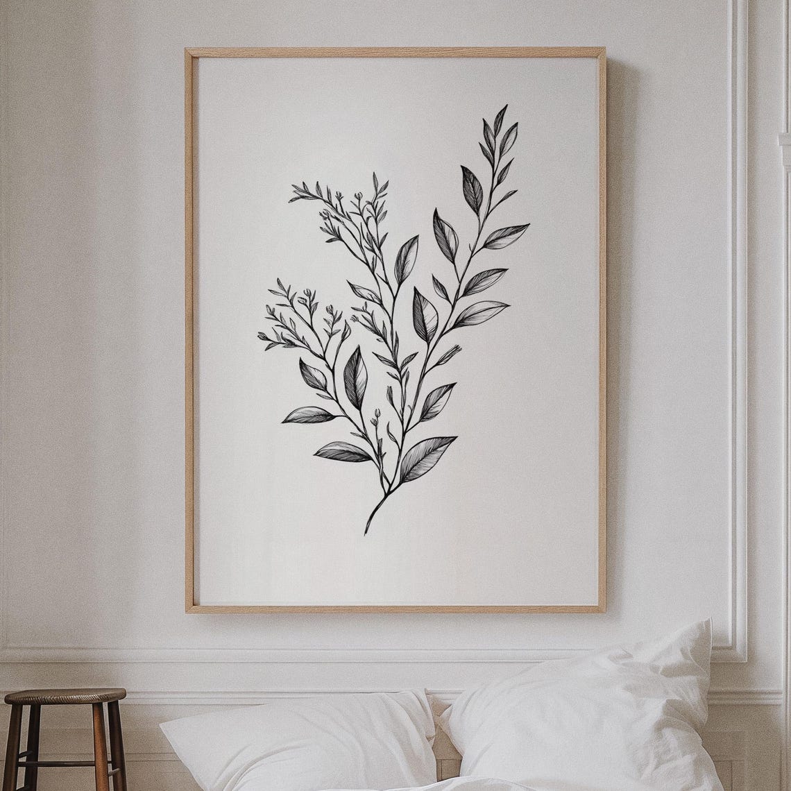Fine Leafy Sprig Botanical Line Art Black And White Wall Poster