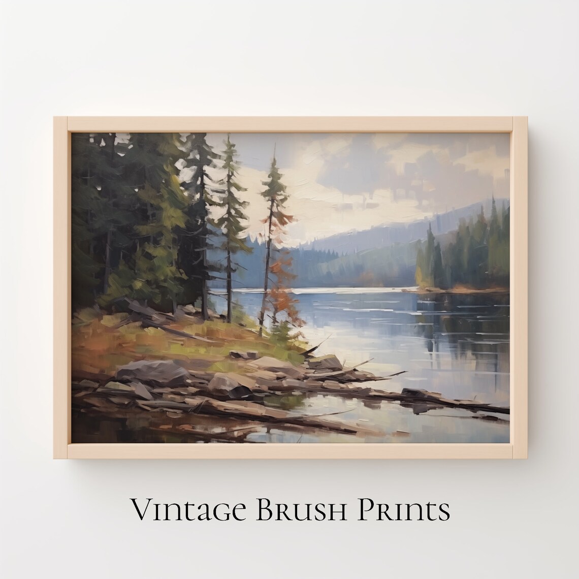Pine Forest Mountain Lake Vintage Muted Green Landscape Art Poster