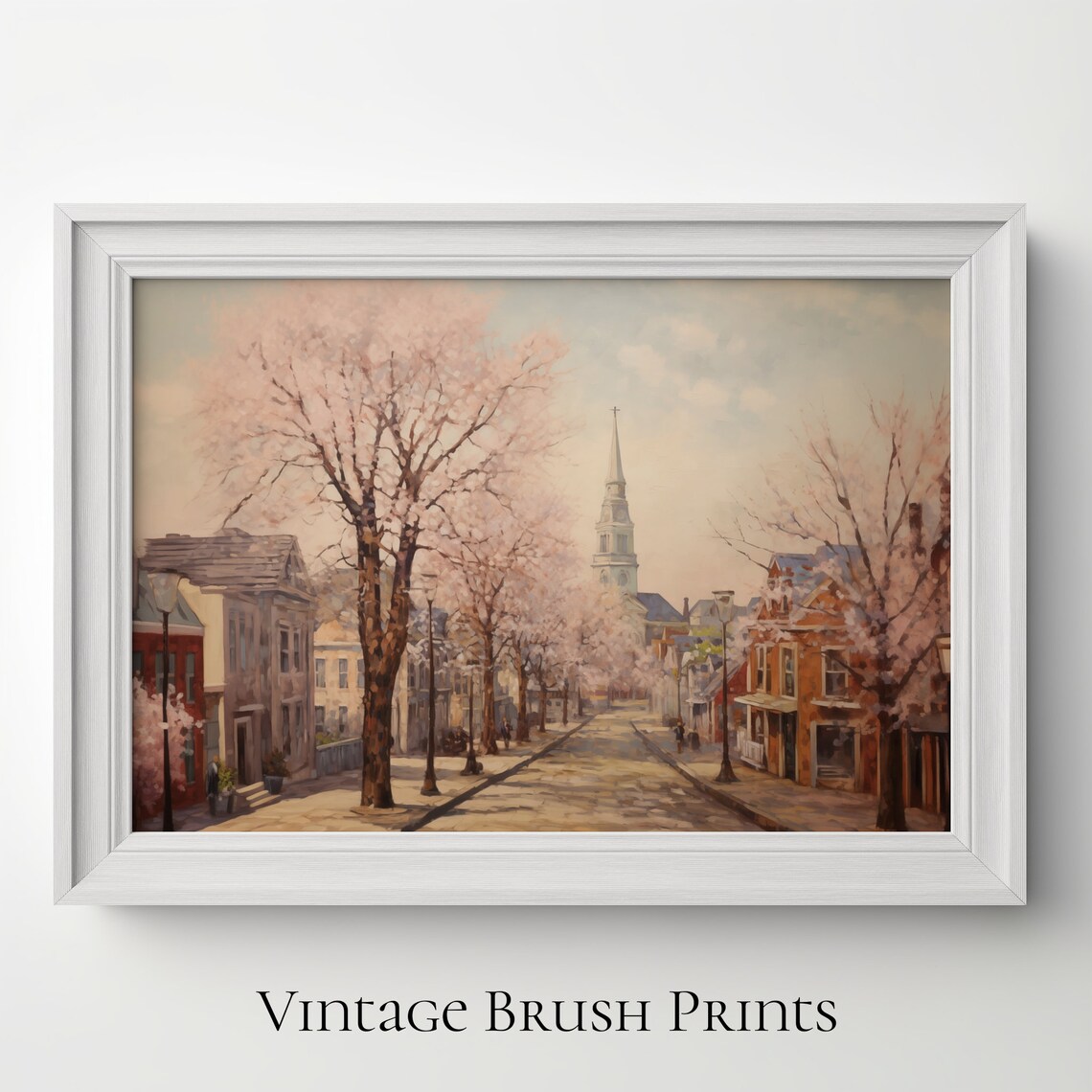 Spring Town Cherry Blossom Street Church Steeple Vintage Poster