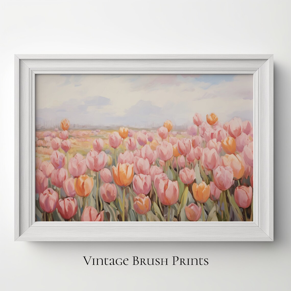 Pink Orange Tulip Field Spring Landscape Vintage Floral Poster