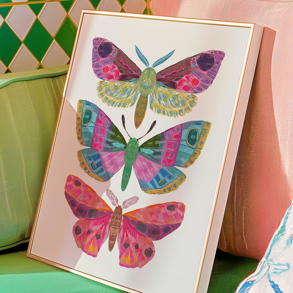 Colorful Moths Trio Whimsical Boho Insect Illustration Art Poster