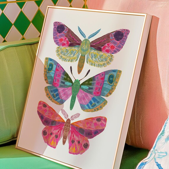 Colorful Moth Art Whimsical Insect Boho Nature Wall Decor Poster