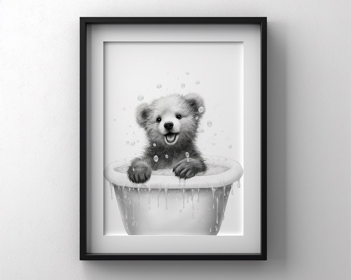 Bear Poster Animal Bathroom Wall Decor Bear Gift Bathroom Wall Art Black And White Bathroom Art Print - Image 3