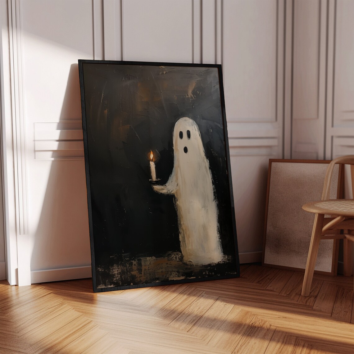 Cute White Ghost Holding Candle Dark Background Halloween Wall Poster - Image 2