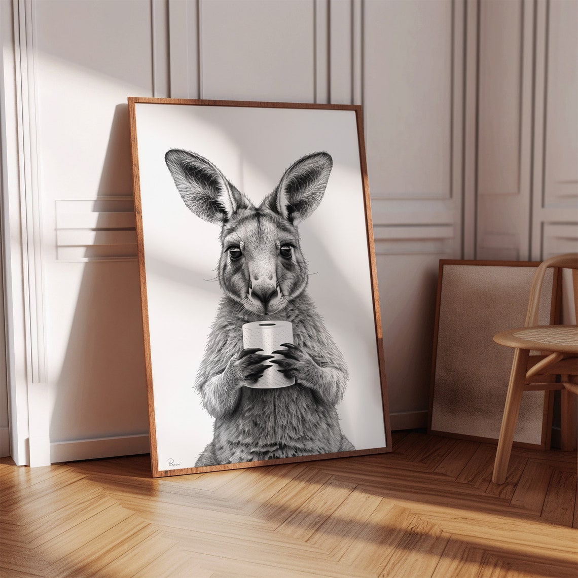 Funny Kangaroo Holding Toilet Paper Roll Black White Bathroom Poster - Image 3