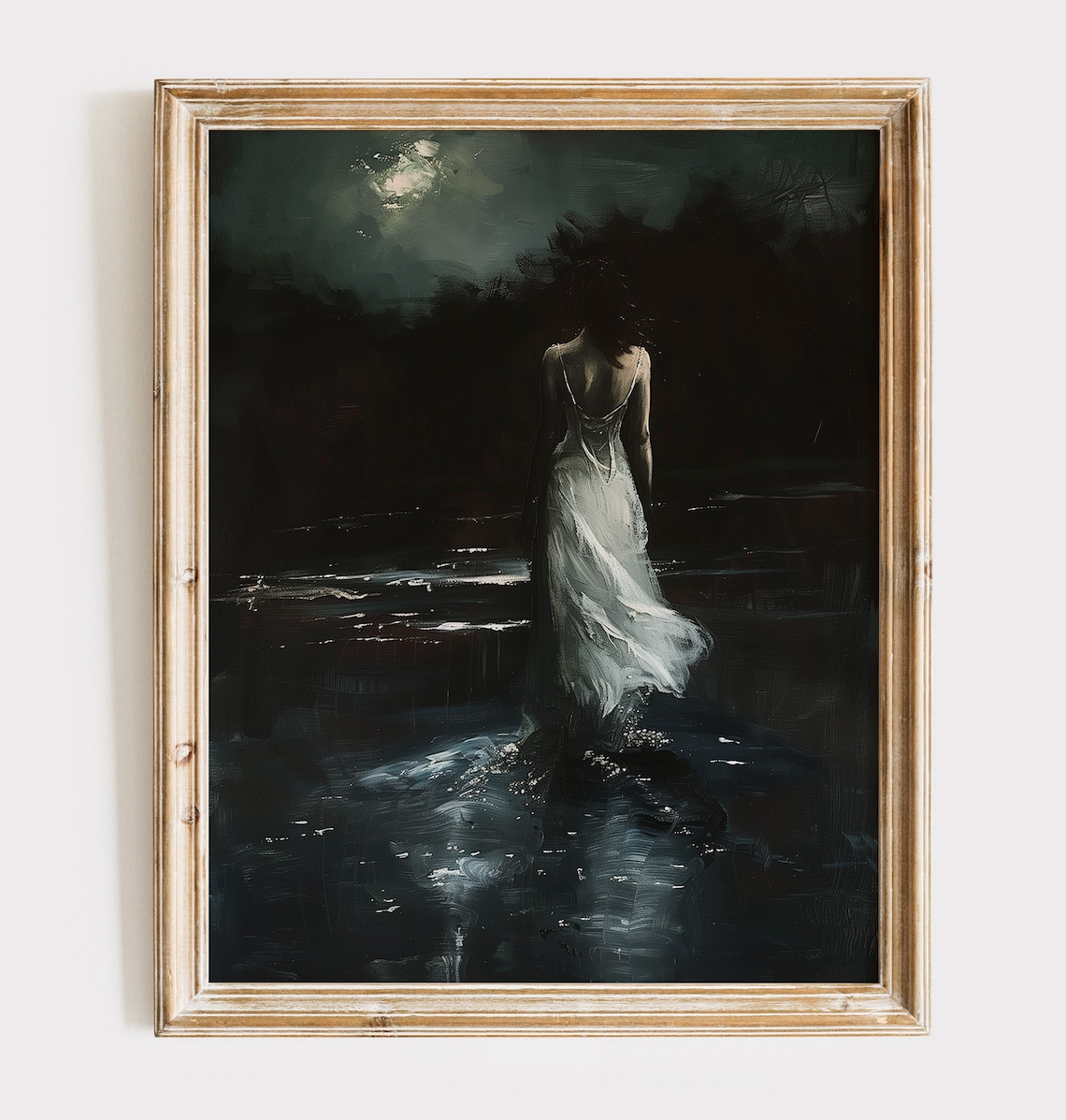 Moonlit Woman in White Dress Walking Into Dark Water Oil Poster - Image 2
