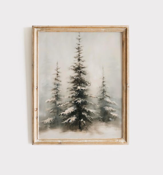 Winter Forest Print Snowy Tree Poster Wall Art Painting Winter Landscape Painting Vintage Snow Decor Winter Poster