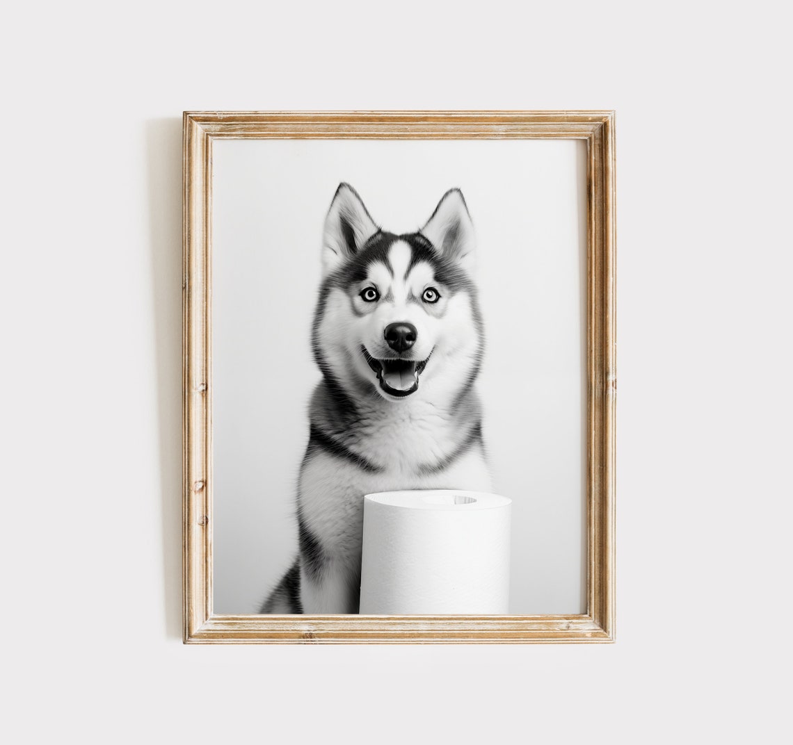 Smiling Husky Dog With Toilet Paper Roll Funny Bathroom Poster - Image 3