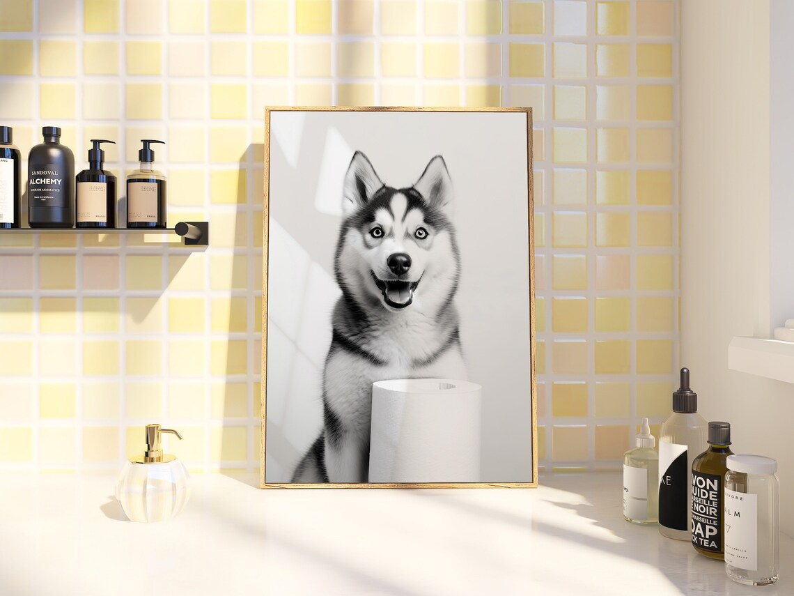 Smiling Husky Dog With Toilet Paper Roll Funny Bathroom Poster - Image 2