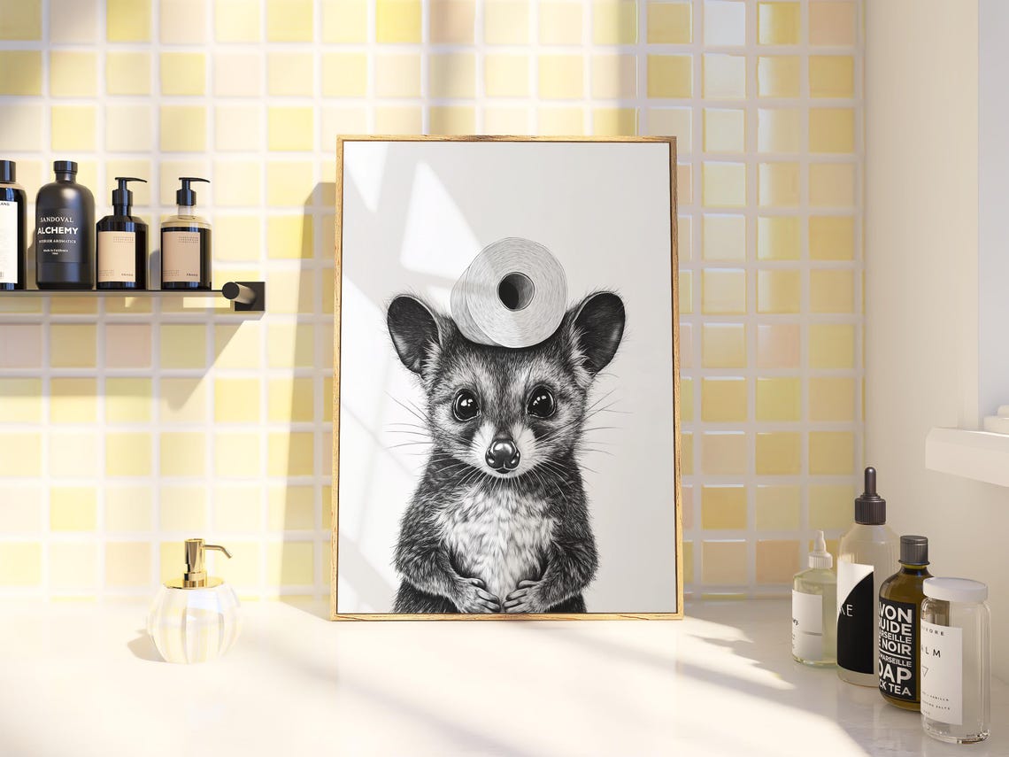 Cute Possum Balancing Toilet Paper On Head Funny Bathroom Poster - Image 3