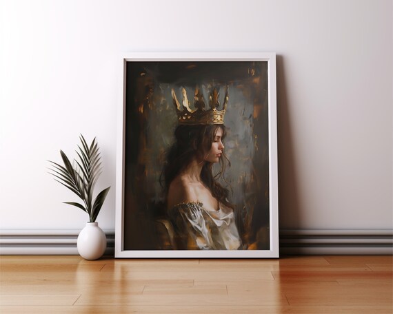 Golden Crowned Queen Profile Portrait Dark Moody Painting Poster