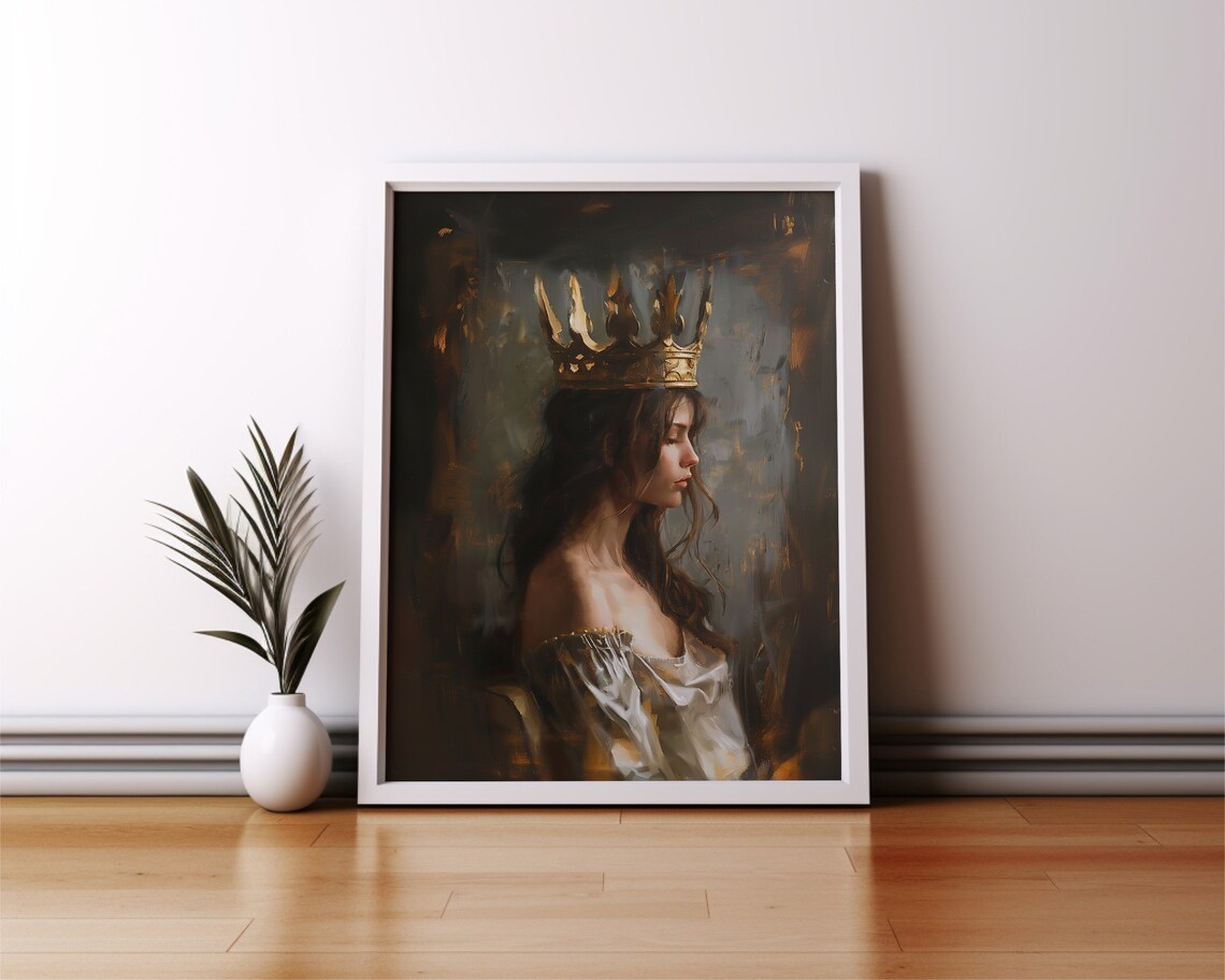Golden Crowned Queen Profile Portrait Dark Moody Painting Poster