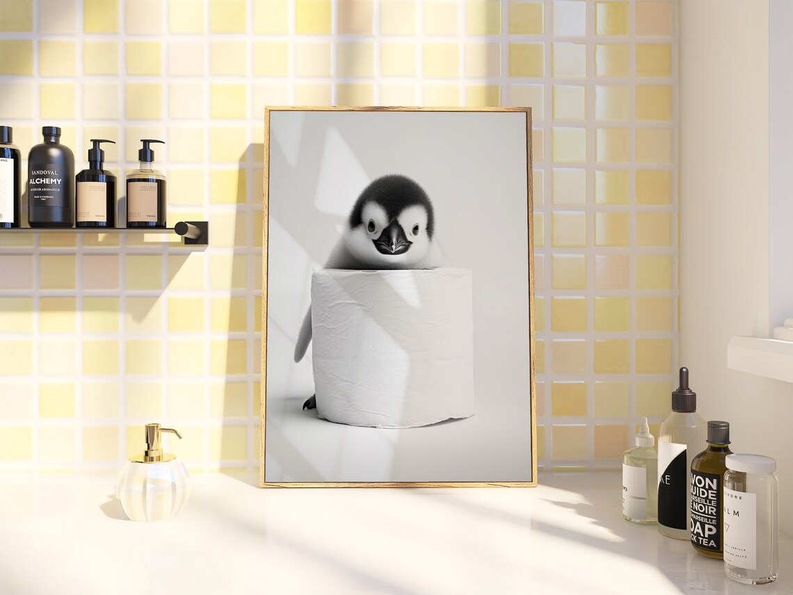 Cute Baby Penguin Over Toilet Paper Roll Funny Bathroom Poster - Image 2