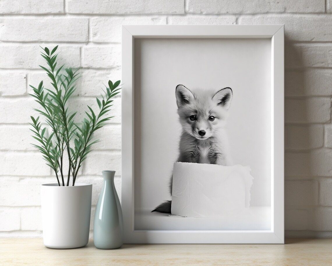 Baby Fox Kit Toilet Paper Roll Peek Cute Black White Funny Poster - Image 3