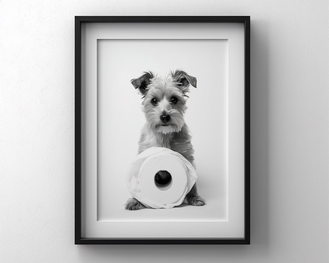 Cute Terrier Puppy With Toilet Paper Roll Funny Bathroom Poster