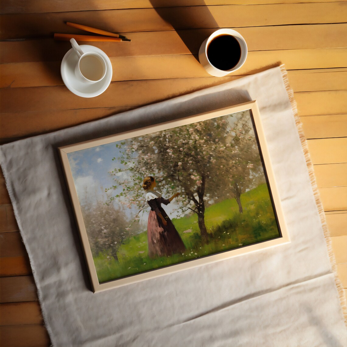 Woman in Blossoming Orchard Vintage Oil Painting Light Academia Poster - Image 3