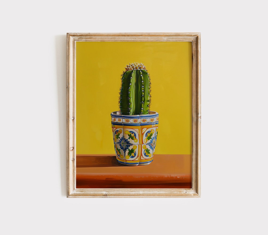 Green Cactus in Decorative Sicilian Tile Pot Bold Yellow Art Poster