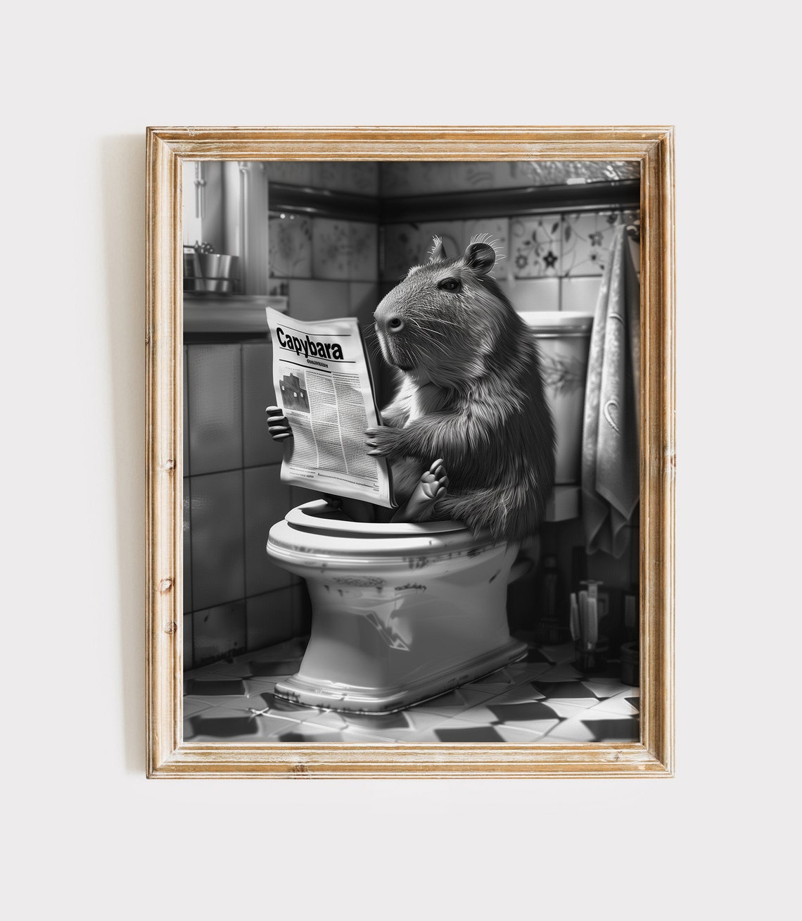 Funny Capybara on Toilet Poster Reading Newspaper Black and White Art
