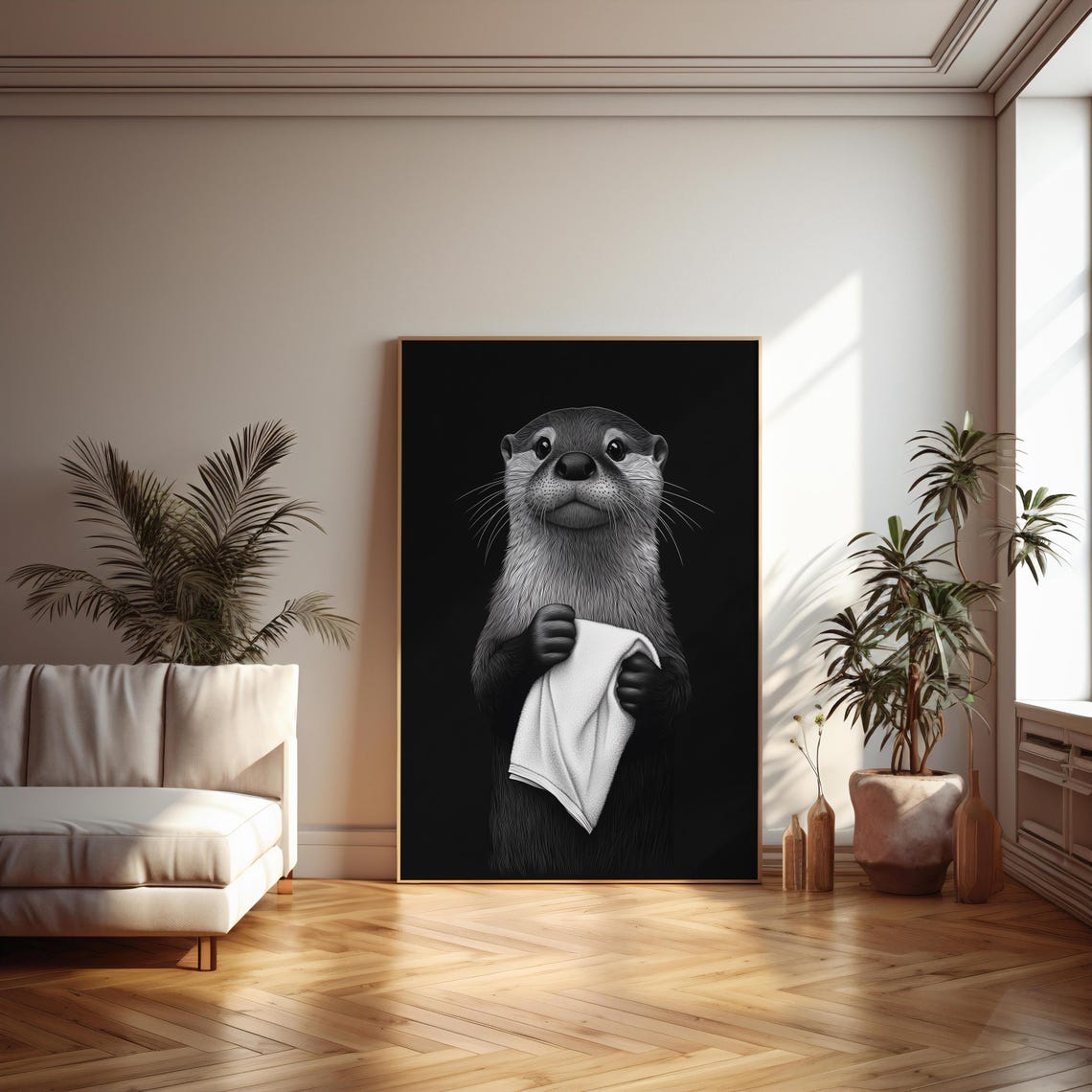 Black And White Otter Holding Towel Cute Bathroom Wall Poster - Image 2