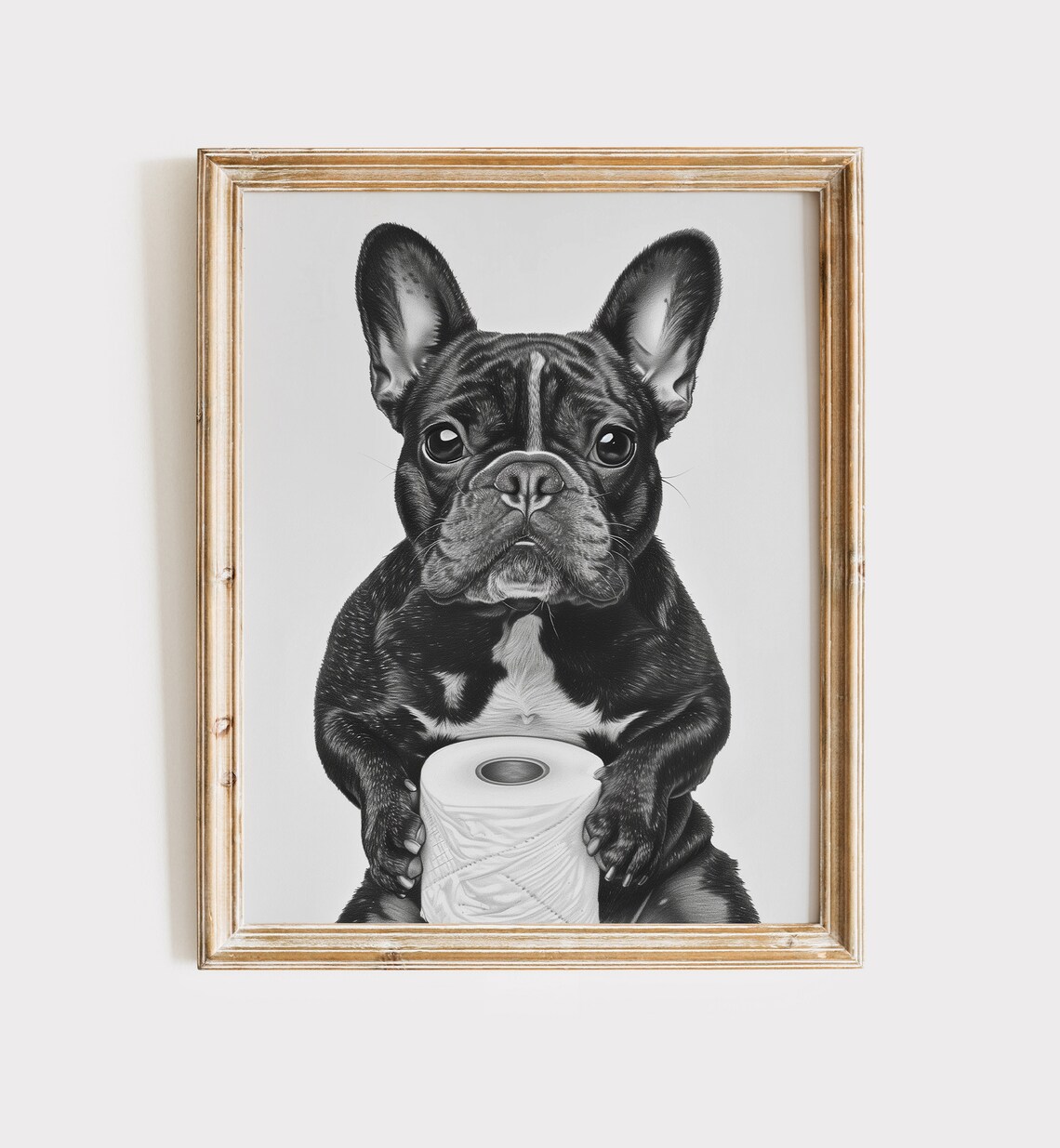 French Bulldog Puppy Holding Toilet Paper Roll Funny Bathroom Poster