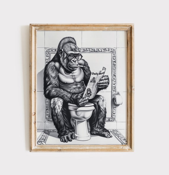 Gorilla Monkey Newspaper Poster Funny Bathroom Print Safari Animal Decor Bathroom Humor Moody Animal Art Gorilla Wall Art