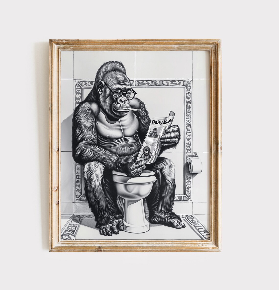 Gorilla With Glasses Reading Newspaper Toilet Funny Bathroom Poster